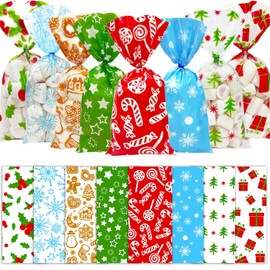 MISS FANTASY 160 Pack Christmas Cellophane Goody Bags with Twist Ties for Holiday Favors Treats Kids Xmas Treat 10.8'' x 4.9'' Small Bulk Plastic Treats Bag Christmas Cellophane Treat Bags