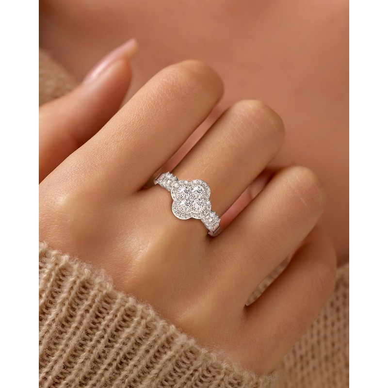 RoseShadow Sterling Silver Moissanite Clover Rings for Women Lucky Rings