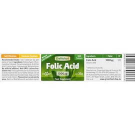 Greenfood Folic Acid, 1000 µg, Extra high dose, 180 Tablets - Plays a Role in the Cell Division Process, contributes to Normal Blood Formation and Maternal Tissue Growth During Pregnancy. Vegan