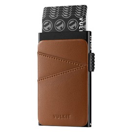 VULKIT - Portatarjetas de crédito con ranuras extra de cuero con bloqueo RFID delgado para tarjetas de metal, Marrón, Minimalista