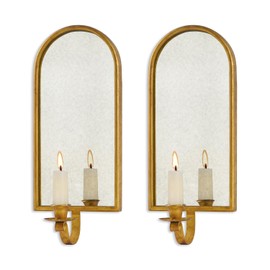 NIKKY HOME Gold Wall Candle Sconces Set of 2, Antique Mirrored Wall Taper Candle Holder - Vintage Elegant Metal Hanging Candlestick for Living Room, Bathroom, Dining Room and Office