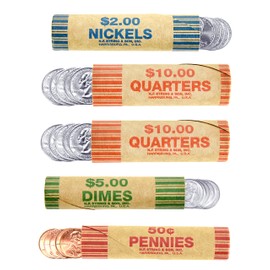 250 Coin Wrappers - Assorted Sizes - 100 Quarters, 50 Pennies, 50 Nickels and 50 Dimes - Made in USA - Durable Preformed Paper Tubes - Coin Rollers Wrappers