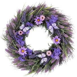 18 inch Spring Lavender Wreaths for Front Door with Lights