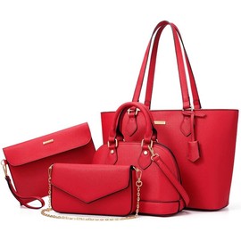 Bagsure 4PCS Women Fashion Handbags Purses Wallet Tote Shoulder Bags Casual Crossbody Bags, Best Gift for Ladies Girls - Color: Red