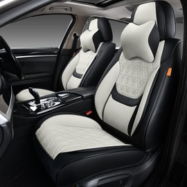 TINRAIYANG Car Seat Covers Front Pair, Breathable Leather Automotive Front Seat Covers with Headrest, Universal Automotive Vehicle Seat Cover for Most Sedan SUV Pick-up Trucks, Black&Beige