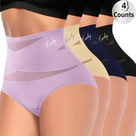 4-Pack/Set High-Waist Shaping Panties for Women- Seamlesslce Silk Mesh Control Briefs, Tummy slimming & Butt LiftingUnderwear Breathable Everyday:_MixColor_L