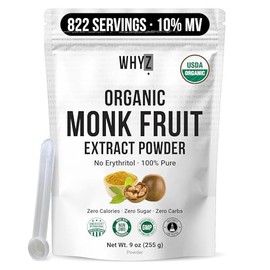 Organic Monk Fruit Extract Powder, Pure Monk Fruit Sweetener with No Erythritol, Zero Calorie Sugar Substitute, Powdered Sweetener for Keto and Paleo Diets, 255g, 900 Servings
