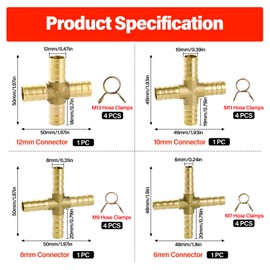 YIXISI 4-Way Brass Fuel Hose Connector - 6/8/10/12 mm Cross Barbed Joiner with 12 Hose Clamps, for Air, Water, Gas, Oil