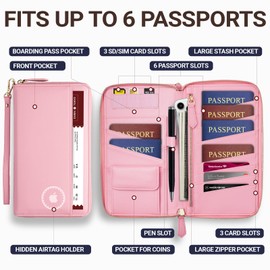 Family Passport Holder with AirTag RFID Passport Wallet Leather Travel Wallet Womens with Zipper Multiple Travel Document Organizer Holder for 4 6 Passport Cover Case Porta Pasaporte Familiar