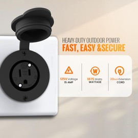 15A Weatherproof Outdoor Power Outlet by Journeyman-Pro 15 Amp 125 Volt NEMA 5-15R Receptacle Kit with Integrated 20" Inch Extension Cord + Waterproof Rubber Cover (GCR1-BLACK)