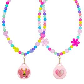 XEEWEN for Airtag Necklace Holder, 2 Pack Cute Beaded Case Cover for Kids Toddler Girl (Butterfly-Heart)