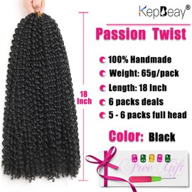 Passion Twist Hair 18 Inch 6 Packs Water Wave Crochet Hair Pre Looped Natural Black Color Synthetic Crochet Hair Extensions for Black Women ( 132 Strands, 1B#） …