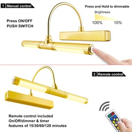 LUXSWAY Wireless Picture Light with Remote Control,Battery Operated Painting Light with Dimmable & Timer,180° Adjustable Head for Wall Art,Canvas Paintings,Portrait Displays-Gold