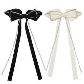 2 PACK Hair Bows Sparkly Rhinestone Tassel Hair Clips Barrettes Bowknot with Long Brocade Tassel Ribbon Claw Hair Accessories for Women and Girls (Black and White)