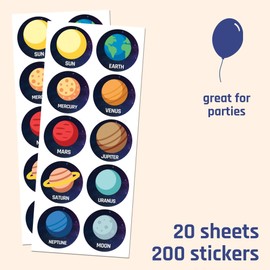 Planet Solar System Stickers for Kids, 1.5" - 20 Sheets, 200 Stickers