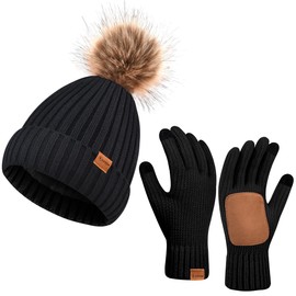 LCZTN FASHION Womens Winter Beanie Hat Fleece Lined with Pom Pom,Warmer Faux Suede Touchscreen Gloves Set (UK, Alpha, One Size, Black)