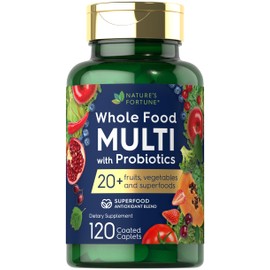 Nature's Fortune Whole Food Multivitamin with Probiotics | 120 Coated Caplets | Made with 20 Fruits and Vegetables | Non-GMO & Gluten Free Supplement