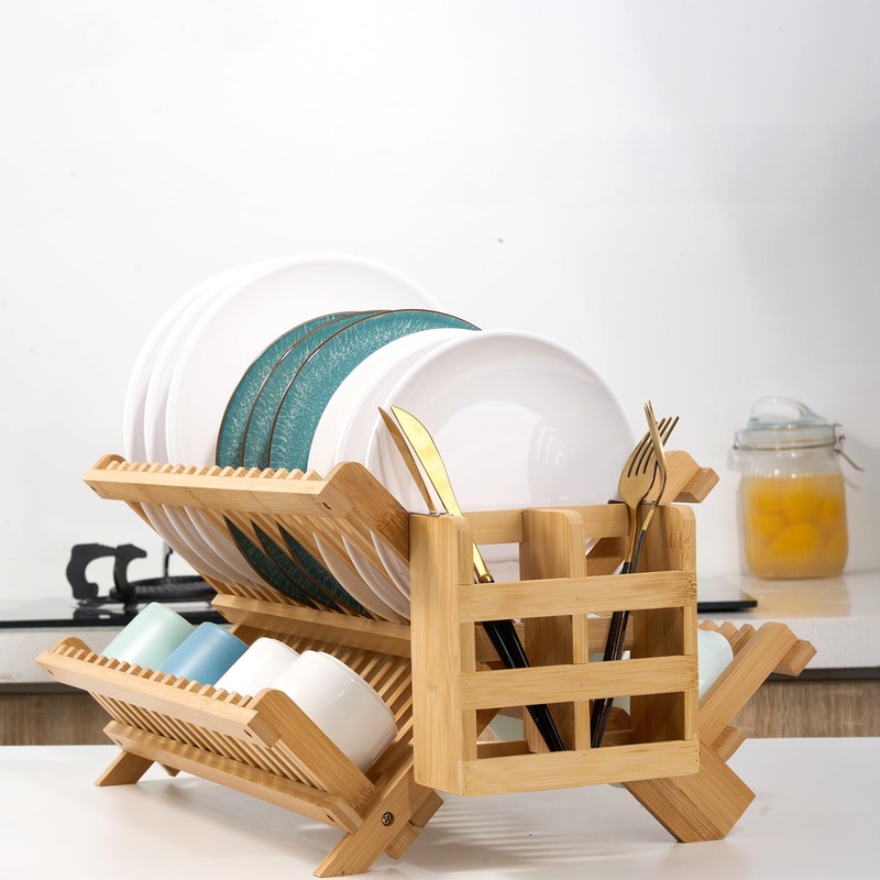 NOVAYEAH Bmaboo Dish Drying Rack for Kitchen Counter 3-Tier Collapsible