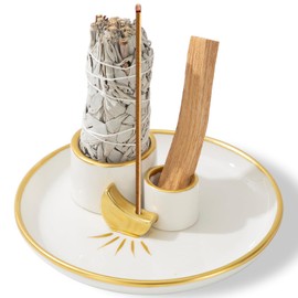 ZINHEM Porta Incienso de Cerámica,Quemador de Incienso de Salvia 4 En 1,Base para Incienso con Diseño de Luna Dorada,Adecuado para Varitas de Incienso, Palo Santo, Salvia Blanca, Incienso, Velas