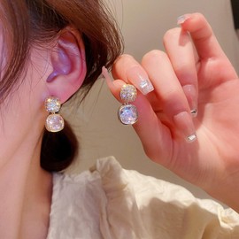 Diamond Dangly Studs Earrings CZ crystal Drop Vintage White Rhinestone Square Stud Earrings Hollow Square Cz Earrings Jewelry for Women and Girls