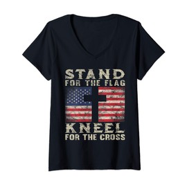 Womens Christian Patriotic American Flag Stand Flag Kneel Cross V-Neck T-Shirt