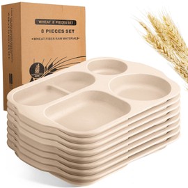 Tanlade 8 Pcs Large Unbreakable Divided Plates 12 Inch Wheat Straw Food Tray 5 Compartment Food Portion Control Tray Wheat Straw Section Plates for Adult Microwave Dishwasher Safe(Beige)