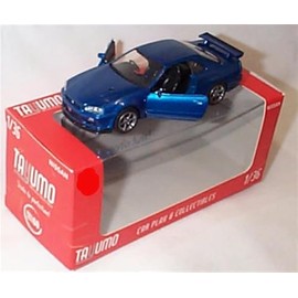 tayum'o NI'SS'AN GT-R34 V spec 11 Blue pull back and go with opening doors vehicle 1:36 scale diecast model