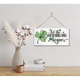 Hanging St. Patricks Day Wood Decor Sign, Let the Shenanigans Begin Printed Wood Wall Art Sign, Home Signs Decor, Hanging Door Wood Sign, Shamrock Sign, St Patricks Day Decor, Rustic Farmhouse Decor