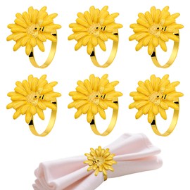 Davifina Flower Napkin Rings Set of 6,Yellow Floral Napkin Rings,Gold Bee Napkin Ring Holder for Summer Wedding Decor,Fall Farmhouse Napkin Buckles Spring Garden Parties,Christmas Dining Table Decor