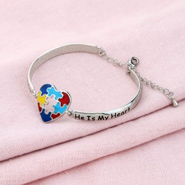 LQRI Autism Awareness Jewelry Autistic Children Teacher Mom Gift I Am His Voice He Is My Heart Autism Puzzle Piece Bracelet, 8 inches, Metal, copper
