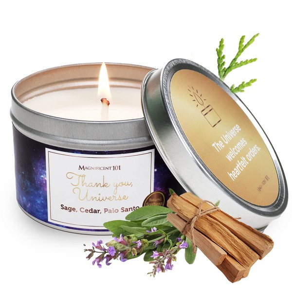 MAGNIFICENT 101 Affirmations Sage, Cedar, Palo Santo, Sprinkle of sage Leaves Smudge Candle for House Energy Cleansing, Banishes Negative Energy - Natural Soy Wax Tin Candle (Thank You, Universe)