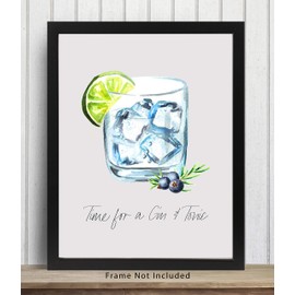 Gin & Tonic Cocktail Bar Wall Art. 8x10 UNFRAMED Decor Print - Makes a Great Gift for Kitchen, Home & Wet Bar, Martini, Wine or Tiki Bar. “Time for a Gin & Tonic”