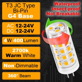 T3 G4 LED Landscape Bulb 2700K Warm White 400lm 30W-40W Halogen Bi-Pin T3 JC Type G4 4W AC/DC 12V-24V for Outdoor Stair Step Deck Path Lawn Lights Chandelier Under Cabinet Lighting, 8 Pack