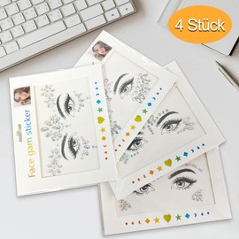 Glitzersteine Selbstklebend Gesicht, 4 Stück Strasssteine Gesicht, Juwelen Kristalle Edelsteine Temporäre Tattoos, Festival Glitzer Gesicht, Klebesteine Gesicht für Karneval Schminke Party Make-up