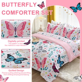 Jameswish Girls Butterfly Comforter Set Full Size 7 Piece Bed in A Bag Colorful Flowers Leaves Bedding Set for Kids Teens Super Soft All Season