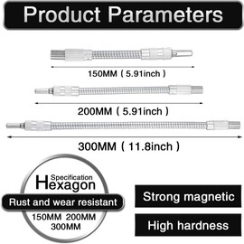 HOHXEN 3-Piece 30CM Flexible Socket Extension Bar Set, 1/4" Drive, 11" 8" 6" Flexible Extension Drill Bit Holder for Screwdriver