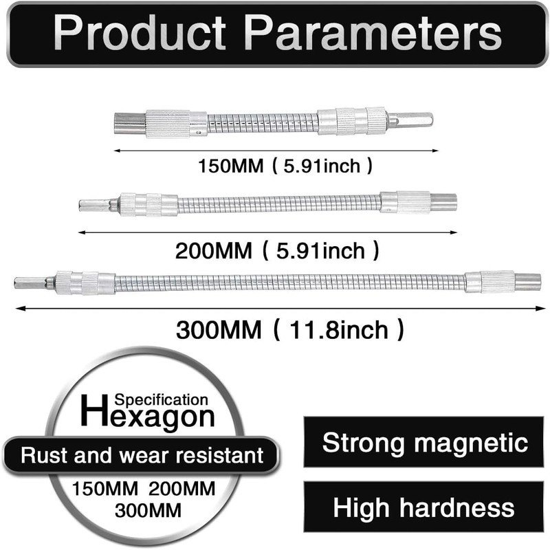 HOHXEN 3-Piece 30CM Flexible Socket Extension Bar Set, 1/4" Drive,