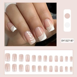 French Tip Press On Nails Fake Nails Short Square with Nude White Stripes Designs Glossy Acrylic False Nails Short Square Glue on Nails Full Cover Thick Stick on Nails for Women Girls 24Pcs DY1327-B7