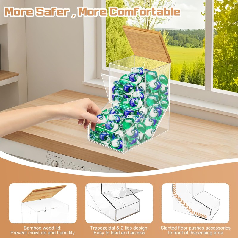 JYPS Laundry Box,Acrylic Dishwasher Pod Holder with 2 Lids,Powder Dispenser,Drying