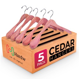 HARDW Cedar Hangers for Closet - 5 Pack Extra Wide Wooden Hangers for Suits, Coat, Dress, Jacket, Clothes Storage - Non Slip Foam Padded Pant Bar with 360° Swivel Hook, Aromatic American Cedar Wood