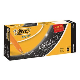 BIC Bolígrafo Cristal Punto Fino 0.8 mm Escritura Precisa Y Firme Cuerpo Hexagonal Tapa Ventilada para Evitar Asfixia Negro 12 Piezas
