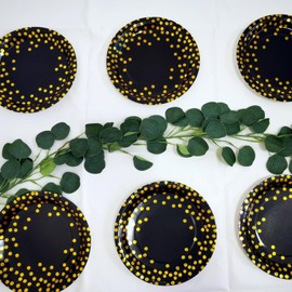CEILIWEN Gold Paper Plates, Black and Gold Party Plates Pack of 100, 7’’/18CM Black Party Plates, Black and Gold Foil Dots Paper Plates, Paper Dishes, Party Decoration Supplies (18CM-100PCS)