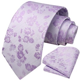 HISDERN Lilac Tie for Men Floral Necktie and Pocket Square Classic Men's Silk Ties Set for Wedding Party Business