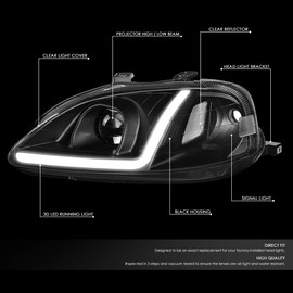 DNA MOTORING Pair LED DRL Projector Headlight Assembly Compatible With 99-00 Honda Civic, Black/Clear, HL-LB-HC99-BK-CL1
