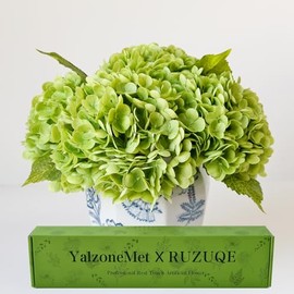 YalzoneMet - 3 hortensias artificiales de 21 pulgadas, color verde oscuro, natural, realista, tacto real, artificial, grande, para decoración de casa, fiesta, al aire última intervensión, boda, mesa