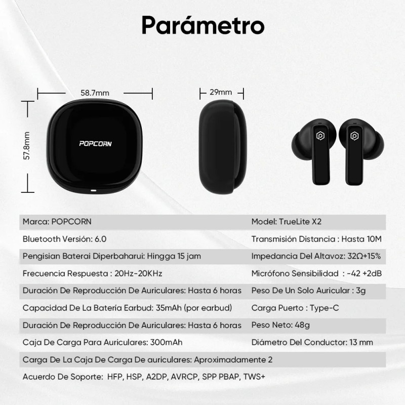Audfonos Inalmbricos Bluetooth 6.0 Popcorn X2 In Ears Auriculares Deportivo