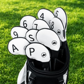 Craftsman Golf Premium PU Leather White and Black Iron Head Covers Set of 10 with Embroidered Club No. (4-9, PW, AW, SW, Blank) Soft Protective Lining Secure Fit Gift for Men Women