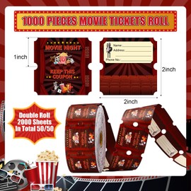 Humyoun 1000 Pcs Movie Raffle Tickets Double Roll for Movie Night 2" x 2" Carnival Raffle Tickets Numbered Card Events Door Prizes Entry for Theater Theme Birthday Party Invitations, 2000 Sheets Total