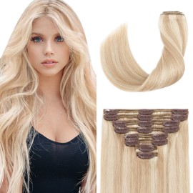 Clip In Hair Extension Remy Human Hair 10" Ash Blonde & Bleach Blonde 8 Pcs 18 Clips Double Weft Brazilian Hair Full Head Remy Hairpiece Straight Highlighted Thick Hair For Women (10",#18P613)