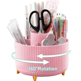 Lenfuos Desk Organiser, 360 Degree Rotating Office Organiser, Pen Holder, 5 Sorting Compartments for Pens, Stapler, Folder Clips, Sticky Notes, Space Saving Desk Organiser (Pink)